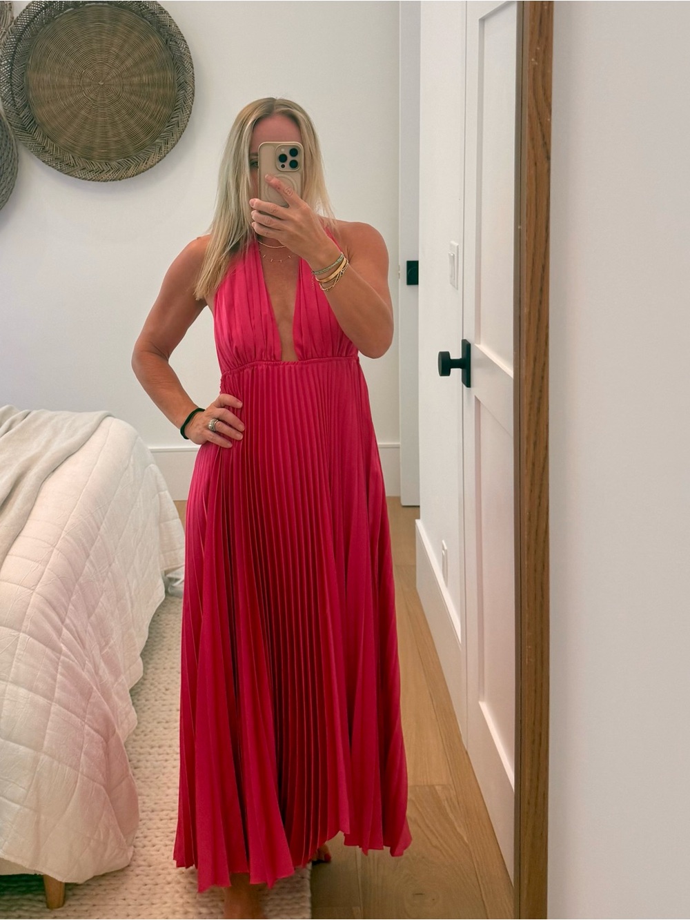 Hello Molly Hot Pink Pleated Halter Maxi Dress